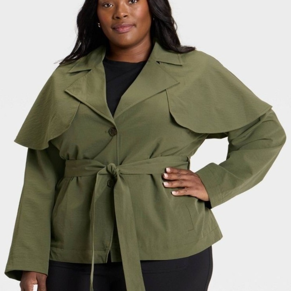 A New Day Womens Olive Green Capelet‎ Trench Jacket Plus Size 1X New With Tags